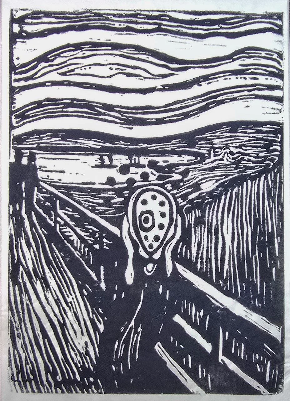 A black and white woodcut print of a person driving a horse-drawn carriage on a bridge, with swirling clouds in the sky.
