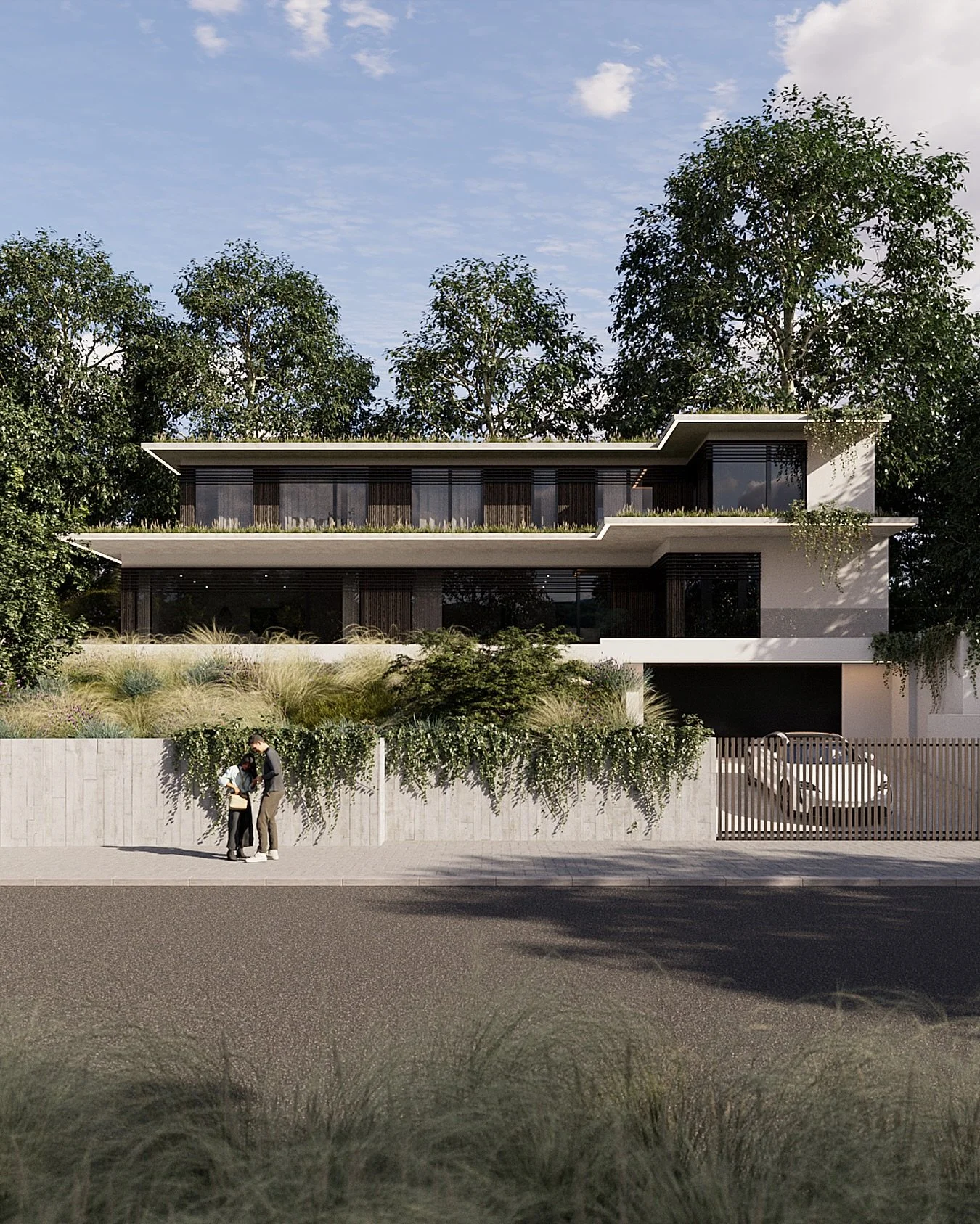 Tato vizualizace představuje modern&iacute; bydlen&iacute; s důrazem na nadčasovou estetiku, soukrom&iacute; a propojen&iacute; s okoln&iacute; zelen&iacute;. Otevřen&aacute; architektura, velkorys&eacute; terasy a př&iacute;rodn&iacute; materi&aacut