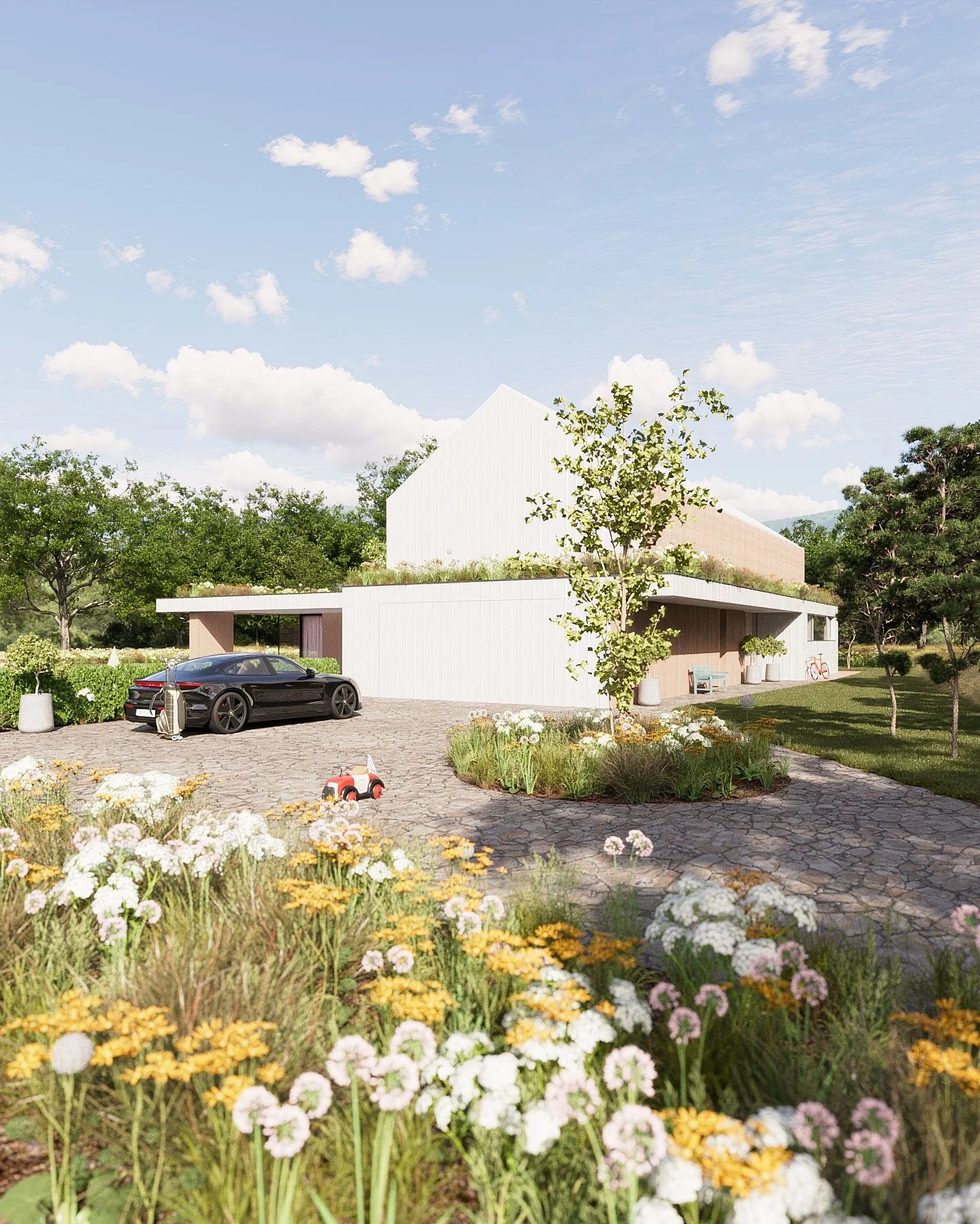 Architektonická vizualizace rodinného domu v přírodním prostředí. Moderní fasáda, ekologické prvky a elegantní propojení interiéru s exteriérem. Vizualizace vytvořeny