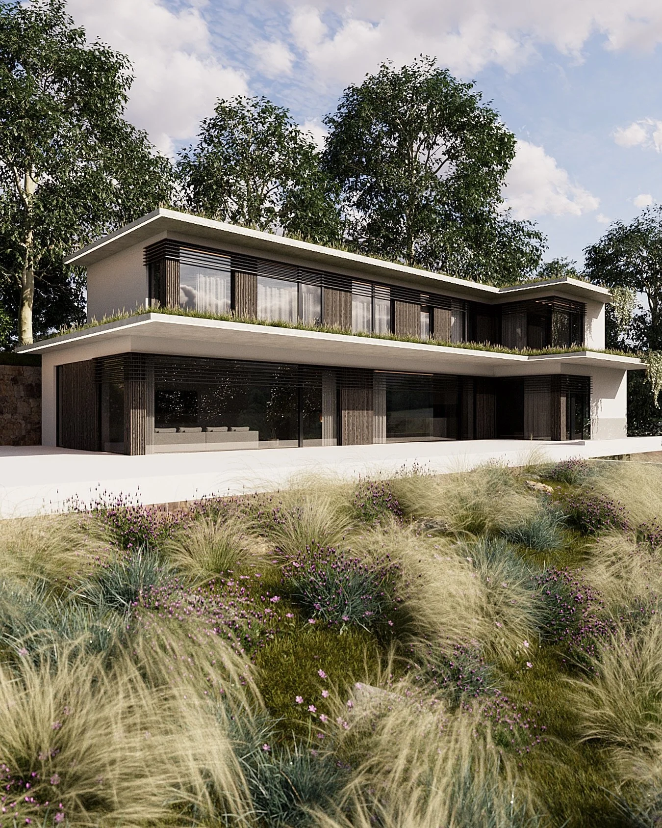 Tato vizualizace představuje modern&iacute; bydlen&iacute; s důrazem na nadčasovou estetiku, soukrom&iacute; a propojen&iacute; s okoln&iacute; zelen&iacute;. Otevřen&aacute; architektura, velkorys&eacute; terasy a př&iacute;rodn&iacute; materi&aacut