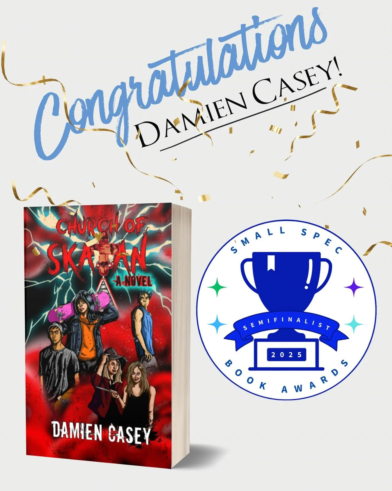 Damien Casey&rsquo;s Church of Skatan is moving on to the next round of the @small_spec_book_awards 🥳 This skaters vs. cult novel is officially a semifinalist, and the folks running Small Spec have honored us with a badge. Congrats @damienthulhu !