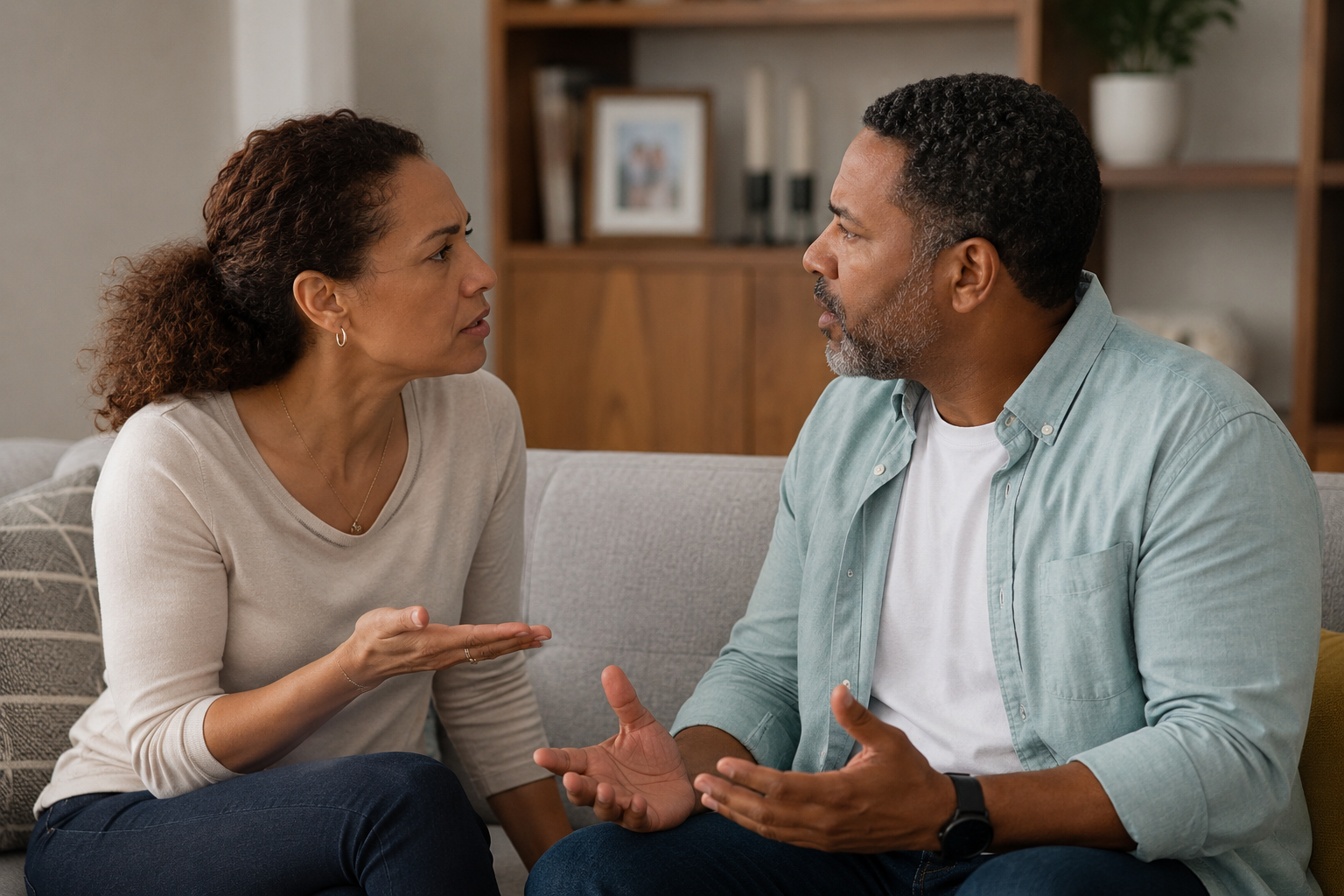 A woman and a man having an intense conversation on a couch, facing each other, with the woman appearing concerned and the man explaining something.