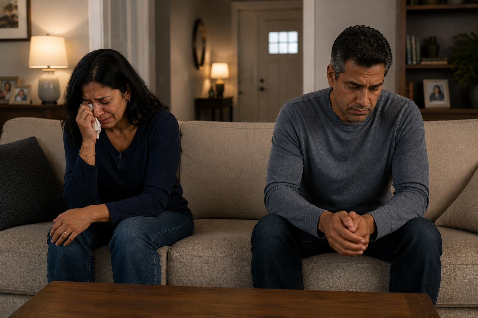 An upset woman with black hair and a man with short dark hair sitting on a beige couch, both crying with sad expressions.