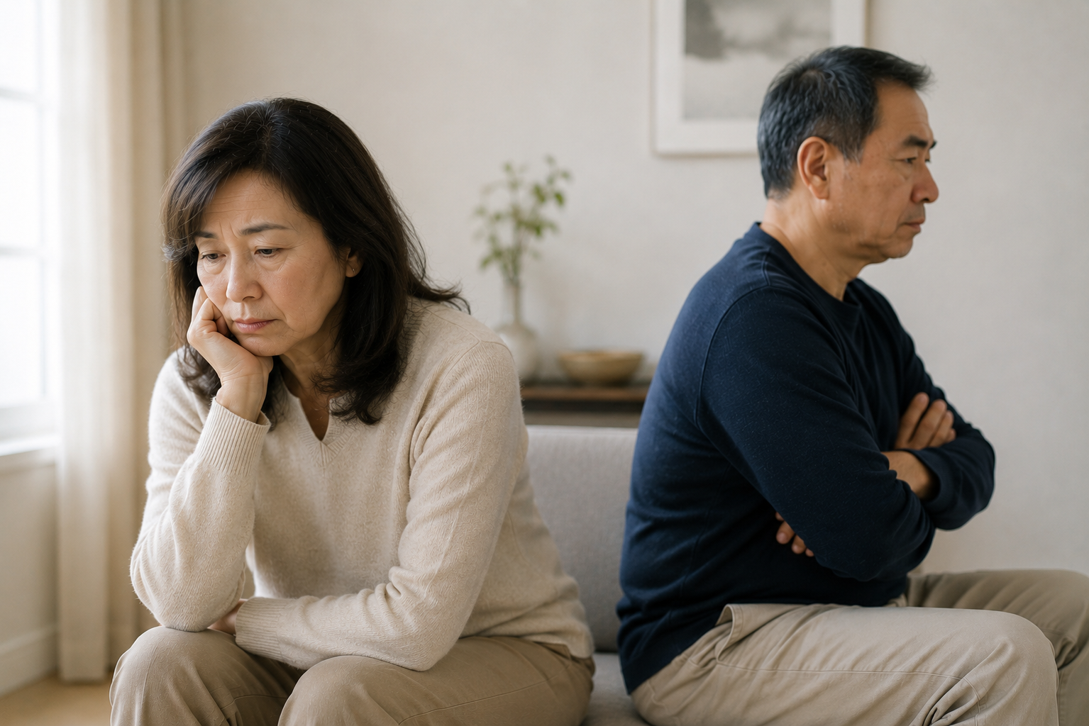 A middle-aged woman and man sitting on a couch, facing away from each other with arms crossed, appearing upset or angry.