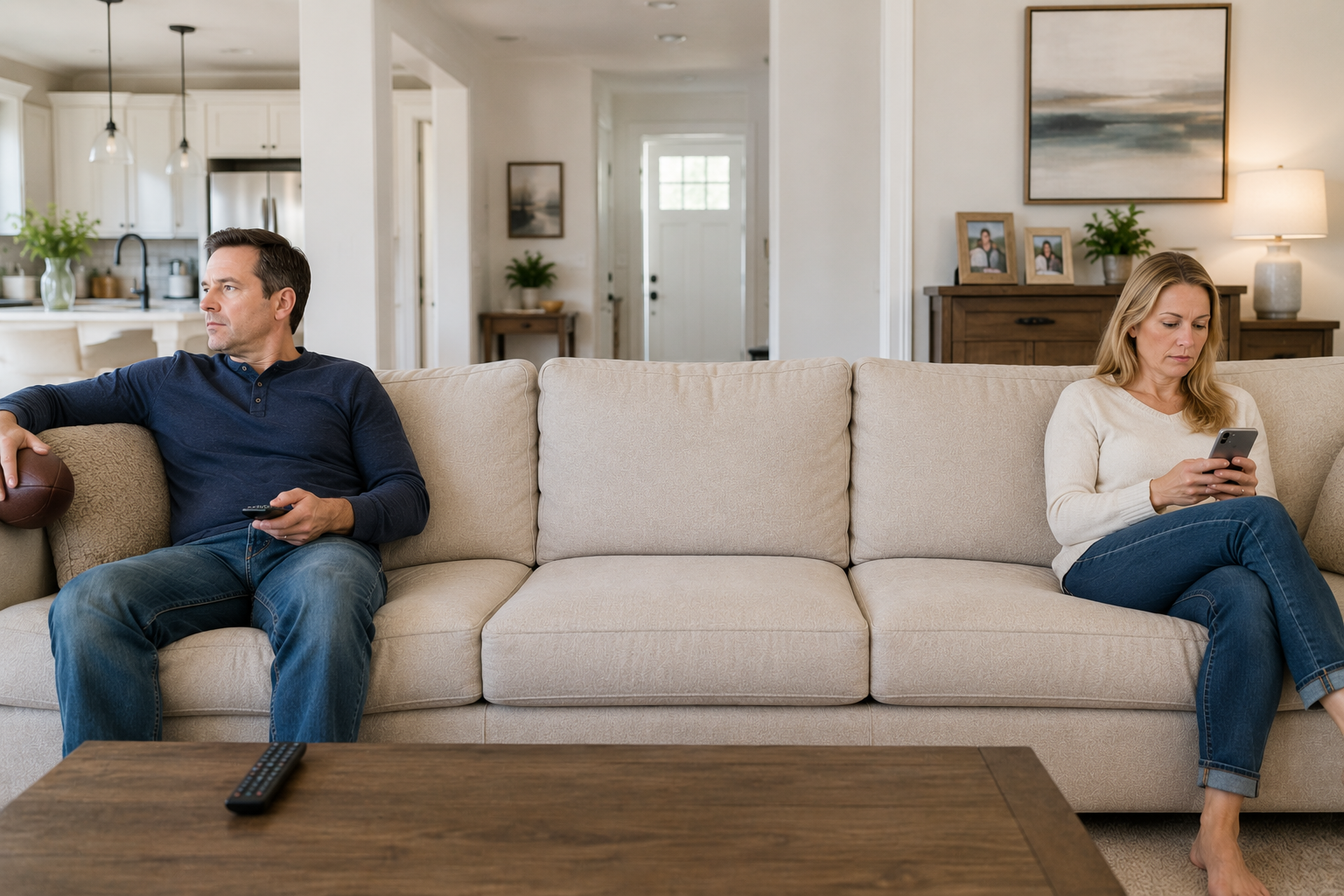 A man and a woman sitting on opposite ends of a beige sofa in a living room, both looking at their phones, with the man holding a football.