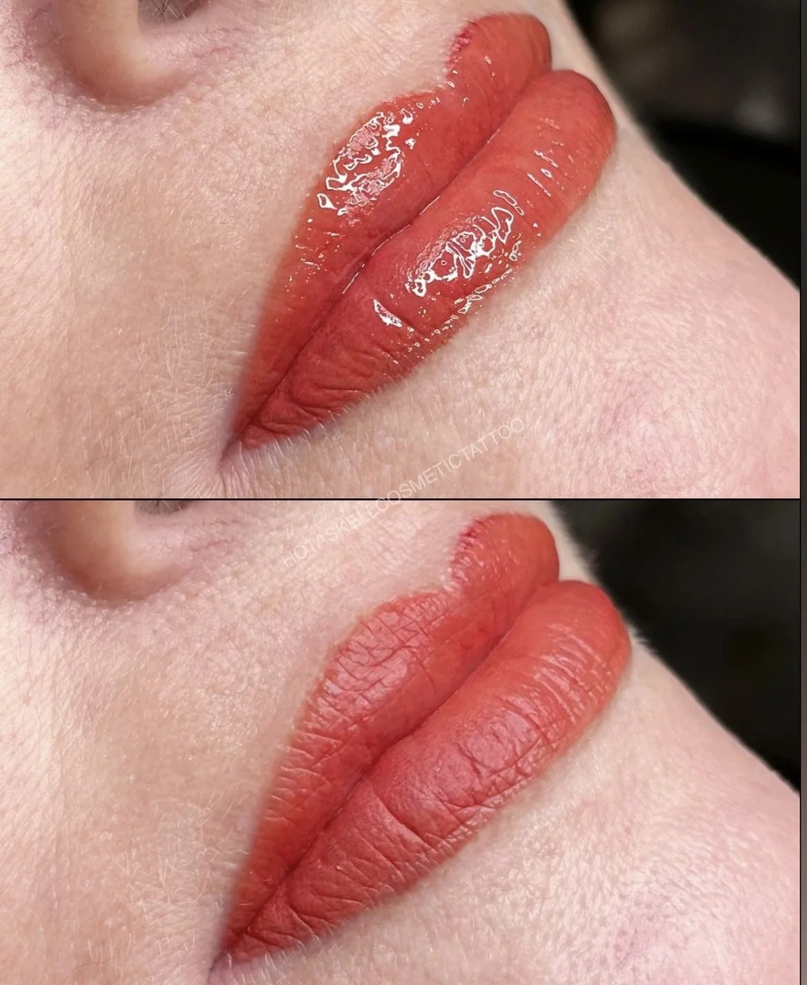 Close-up of lips with orange lipstick, shown before and after lip tinting or tattooing.