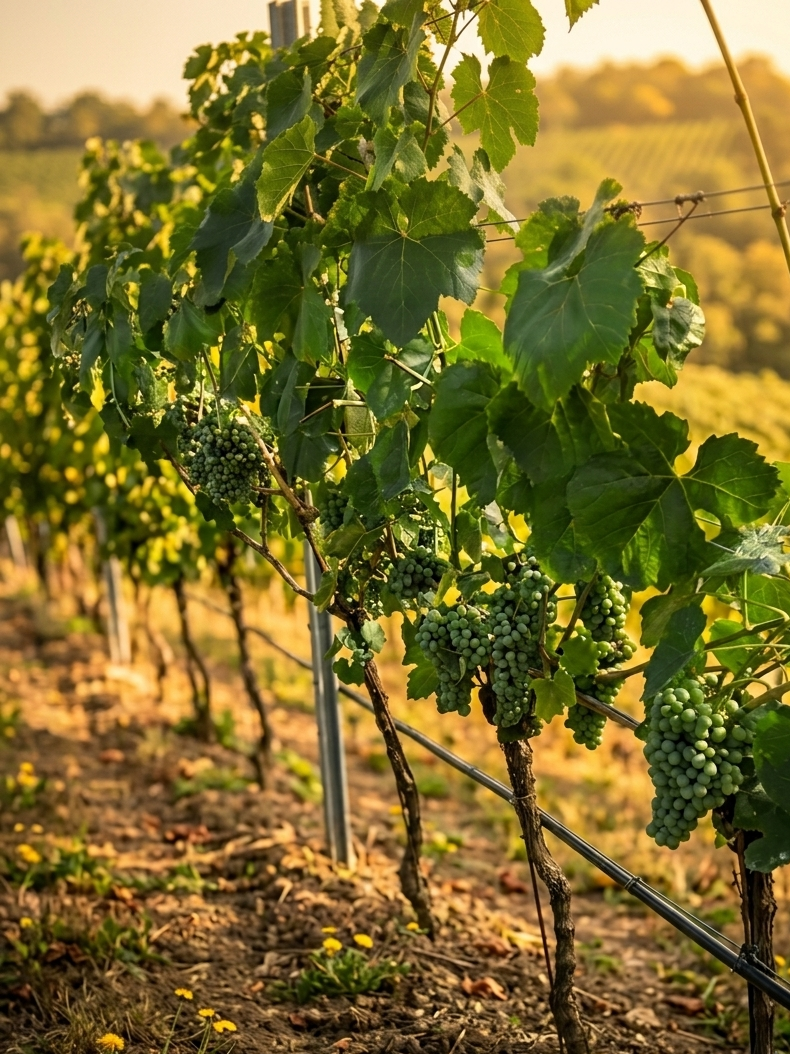 Filari di viti con grappoli di uva verde in un vigneto durante il tramonto.