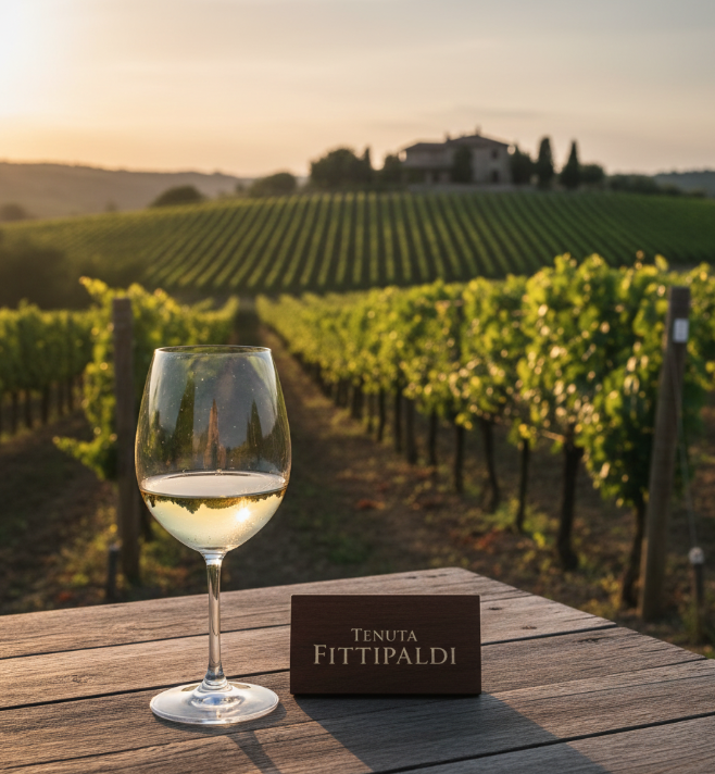 Bicchiere di vino bianco su un tavolo di legno nel vigneto al tramonto con una casa in collina sullo sfondo.