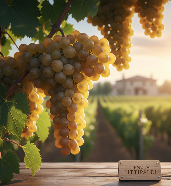 Grappolo di uva bianca sulla vite in un vigneto al tramonto, con edificio in lontananza e targhetta 'Tenuta Fittipaldi' in primo piano.