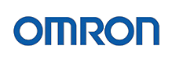 Blue "OMRON" logo on a black background