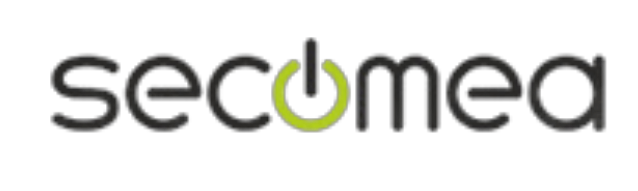 Secomea logo with stylized green power button in place of 'o'
