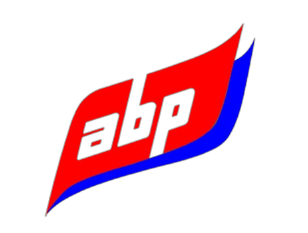 Logo featuring red and blue shape with 'abp' text on black background.