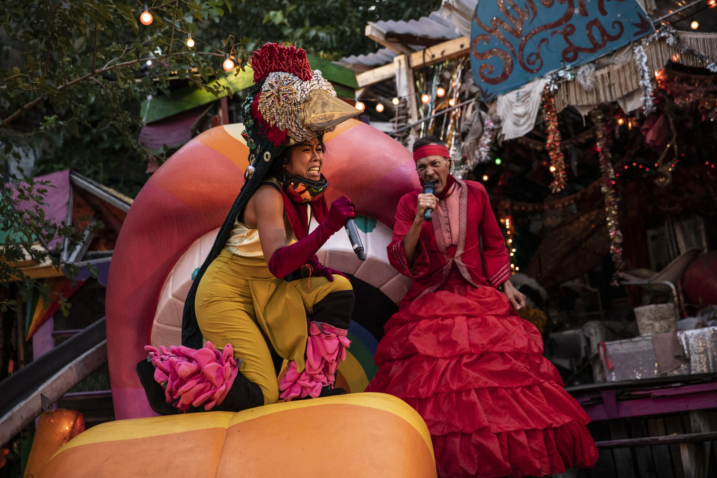 
BEAST VISIT, presented in August 2020, was sunset encounter with some lonesome creatures  living in Rubulad’s sculpture garden in Bushwick. This intimate outdoor experience by The Drunkard’s Wife incorporates extravagant costumes, song, and live ele