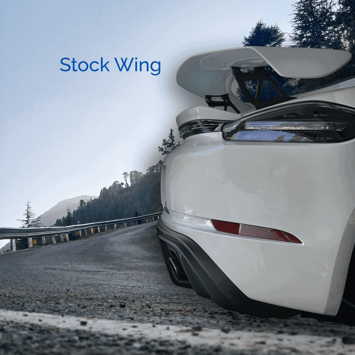 White Porsche GT4 with alternating stock and 718 Cayman GT4 Extra AOA Wing Tall Riser Brackets