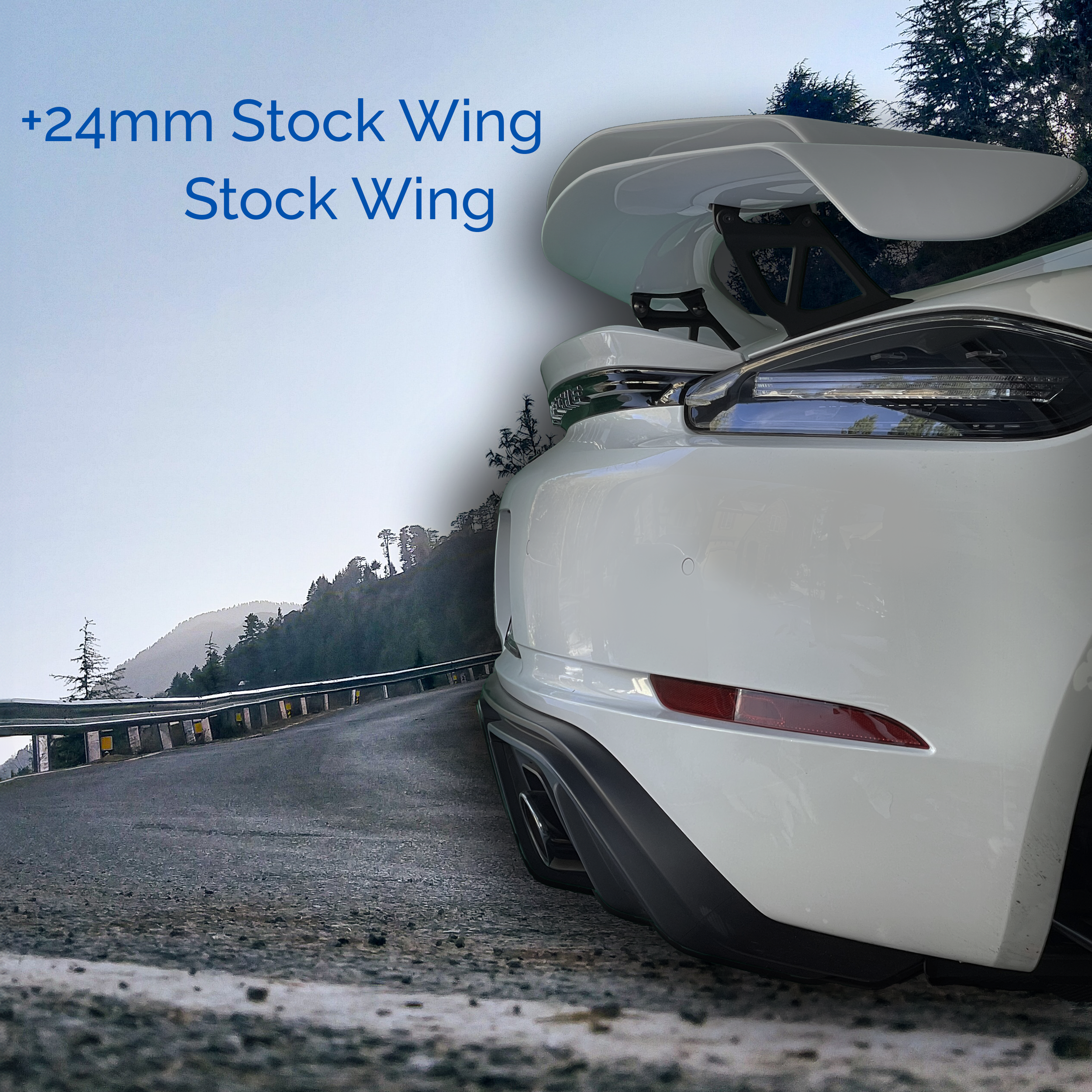 White Porsche GT4 with 718 Cayman GT4 Extra AOA Wing Tall Riser Brackets