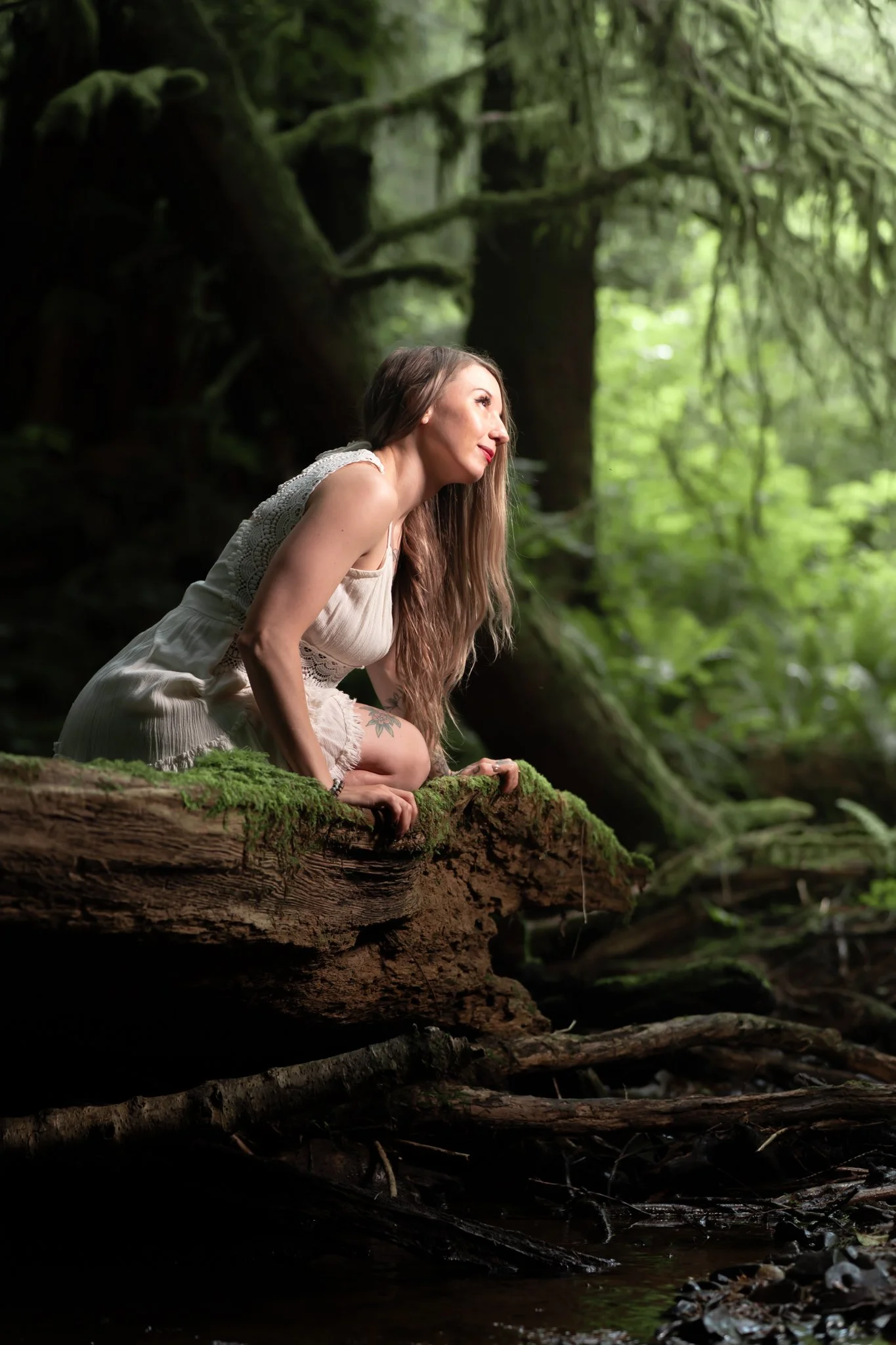 Photo from a creative portrait session in the forest on the oregon coast with a model in a white dress, sitting by a river