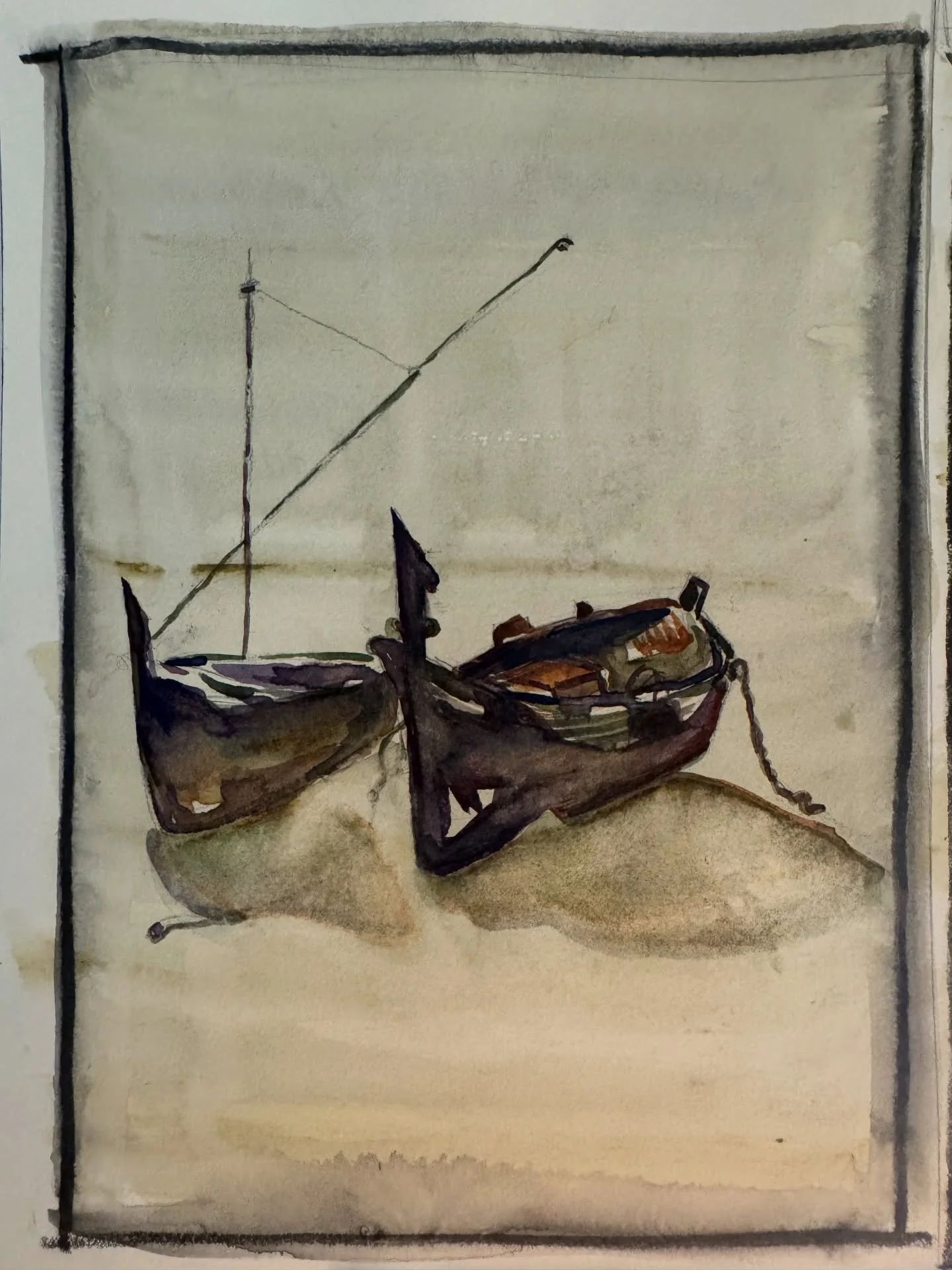 These small fishing boats abound in Calella de Palafrugell, a gorgeous small village on the Costa Brava. I used a wash of burnt Siena and green, sketched in pencil and then painted in muted colors of purples and greens.
Sadly this excursion is coming