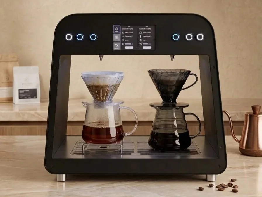A black, countertop coffee brewing machine with two glass coffee drippers on top, one containing coffee grounds and the other with brewed coffee, with two glass cups underneath. A copper coffee pot is visible on the right.