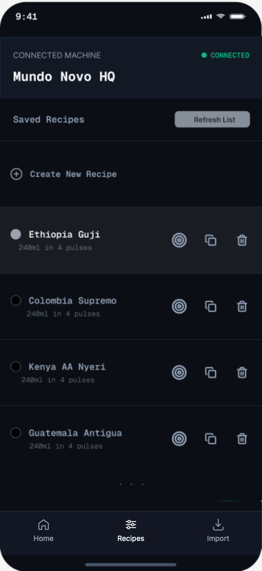 View the current recipes saved on the system, or add new ones.