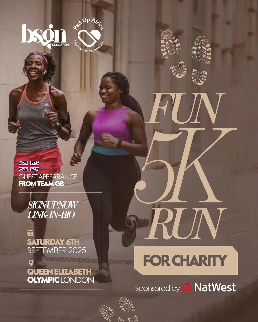 Two women jogging on a city street, smiling, promoting a charity 5K run event in London on September 6, 2025, at Queen Elizabeth Olympic Park, sponsored by NatWest.