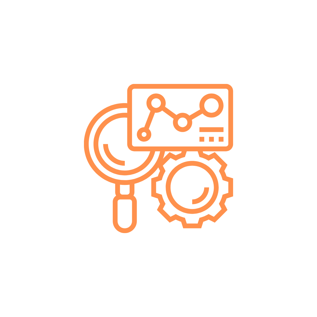 Outline icon of data analytics tools, including a magnifying glass, a gear, and a line graph on a monitor, all in orange.