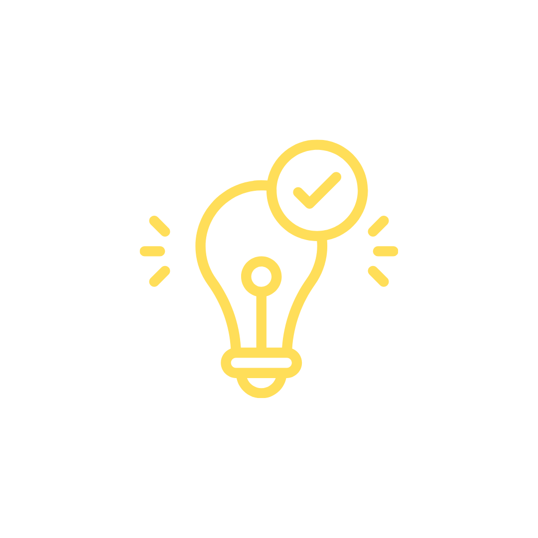 Yellow outline of a light bulb with a checkmark inside a circle above it, representing a successful idea or solution.