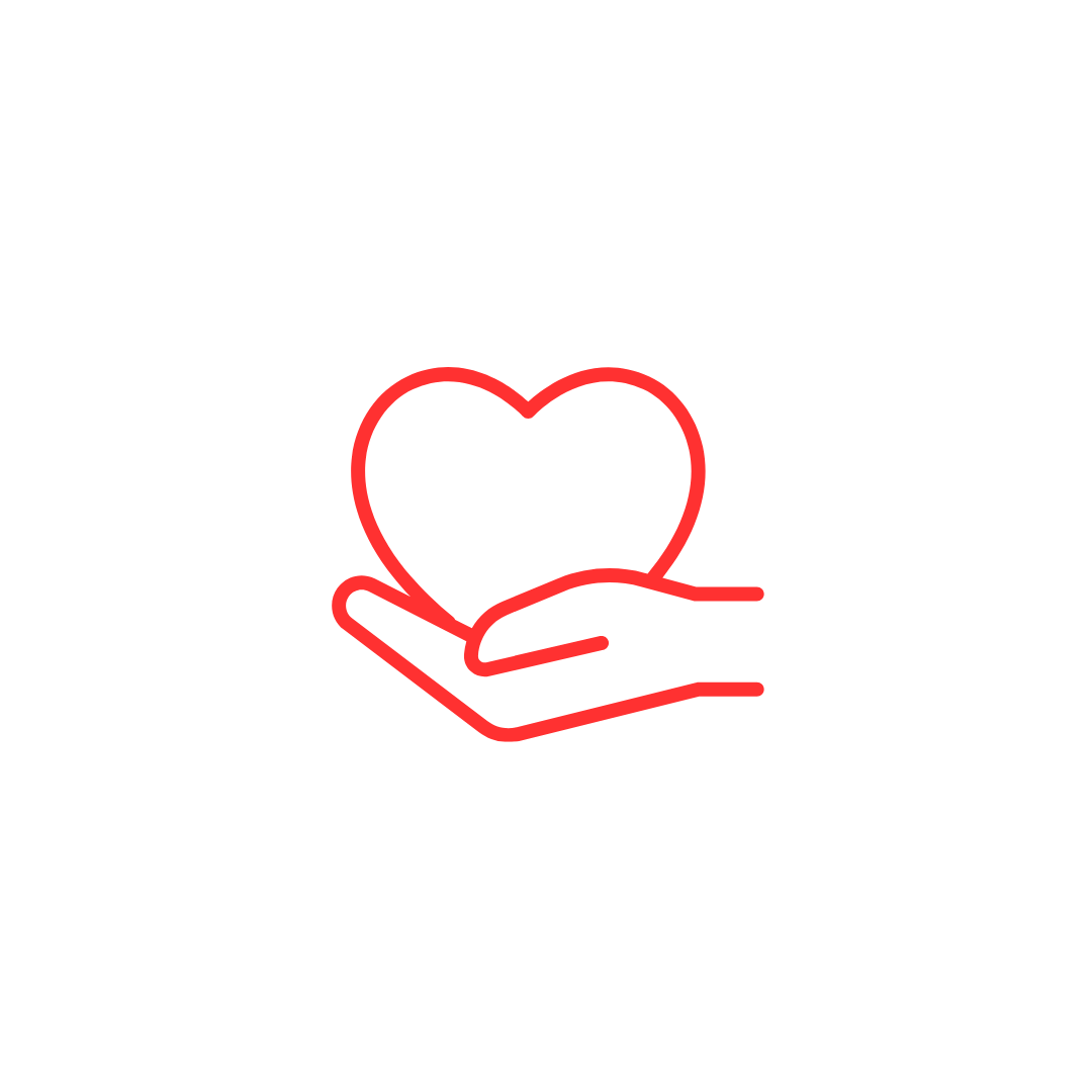Outline illustration of a hand holding a heart, in red lines on a black background.