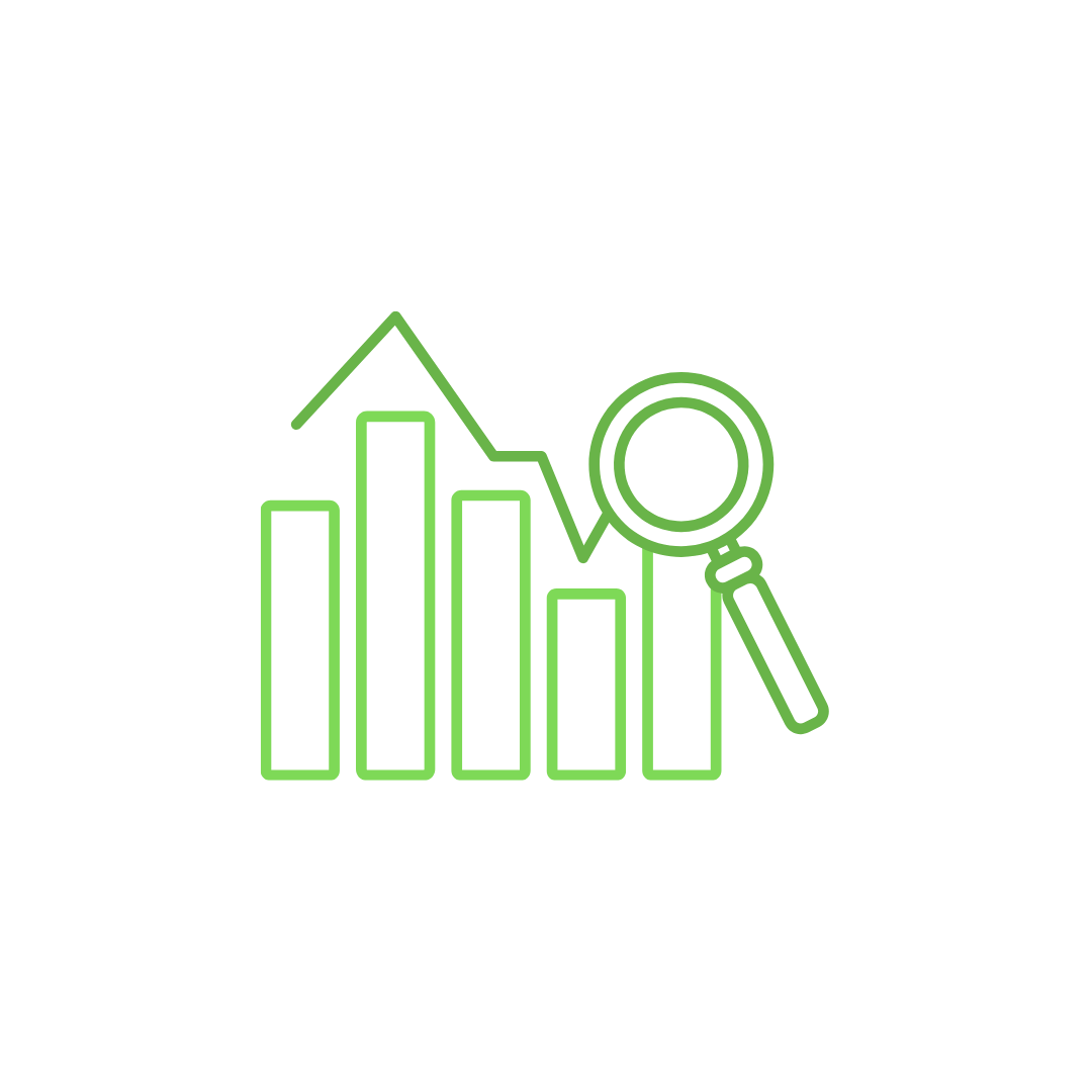 A green line graph with a magnifying glass examining it, symbolizing data analysis or financial review.