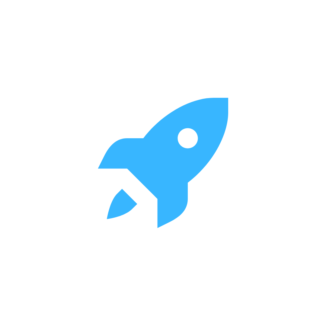 Blue rocket icon with black circle detail, on a black background.