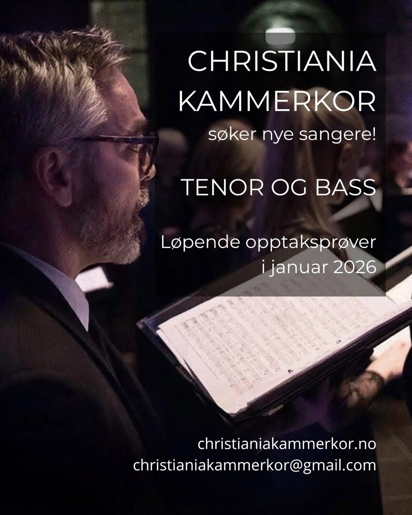 Christiania Kammerkor s&oslash;ker nye sangere!

Er du en st&oslash;dig sanger p&aring; jakt etter et ambisi&oslash;st musikalsk fellesskap? Da kan Christiania Kammerkor v&aelig;re noe for deg!

Vi er et kammerkor med fokus p&aring; klassisk kormusik