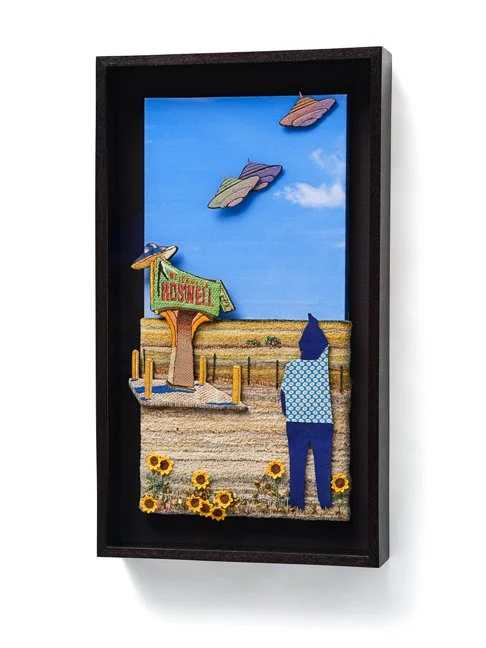 Marion in Roswell, cotton, needlepoint, cotton, punch, needle, printed fabric, felt, wrapping paper, laser-cut images, glitter, adhesive paper