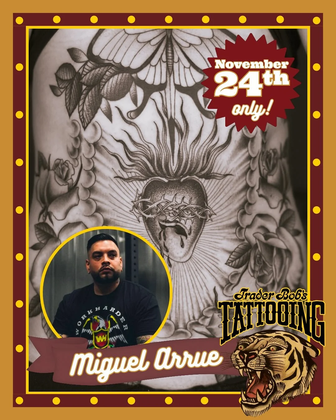 Clear your day on Monday, November 24th! Visiting from the west coast, we&rsquo;re welcoming @miguelarrue! Miguel will only be tattooing and taking walk ins with us for one day only; DM him to set up an appointment.