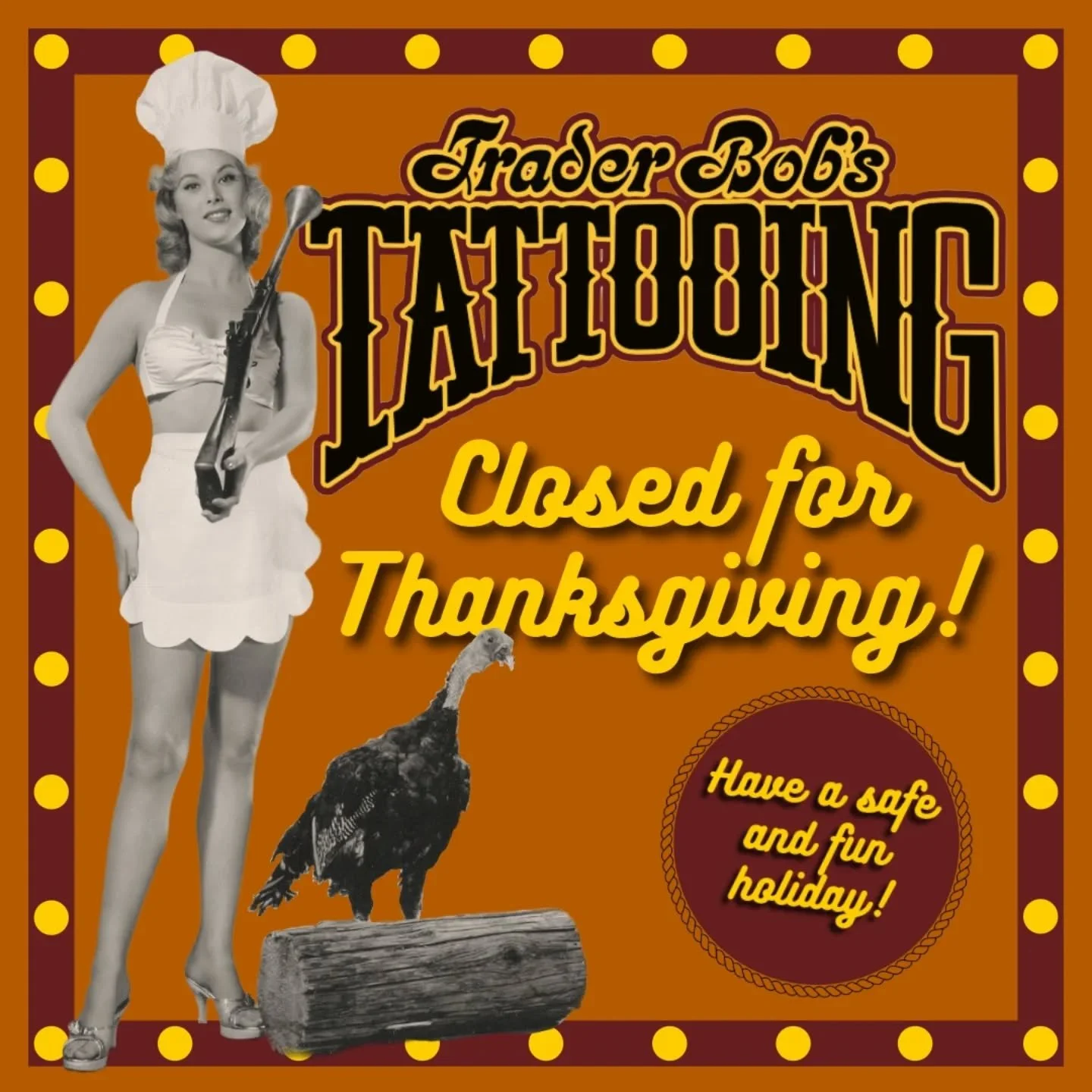 Happy Thanksgiving! Trader Bob's will be closed today, November 27 for Thanksgiving. We hope you all have a fun and safe holiday, and we'll see you Friday at noon! 🦃