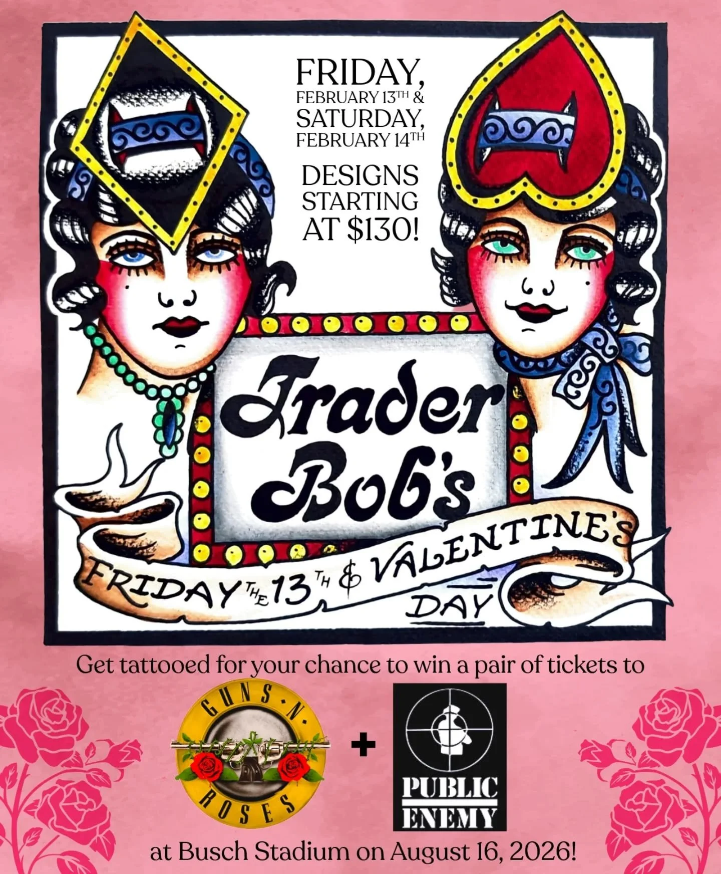 THIS WEEKEND, FEBRUARY 13 + 14! Our Friday the 13th and Valentine's Day flash is coming up quick. 👀 
We'll have designs starting at $130 and a chance to win tickets to @gunsnroses and @publicenemy via our friends at @livenationstl! ❤️&zwj;🔥

To ent