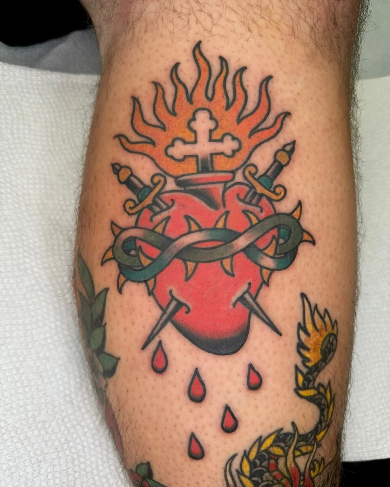 Classic sacred heart made by @augustjonestattoos ❤️&zwj;🔥

Reach out to August at 314-783-6194 to get your next appointment set up!