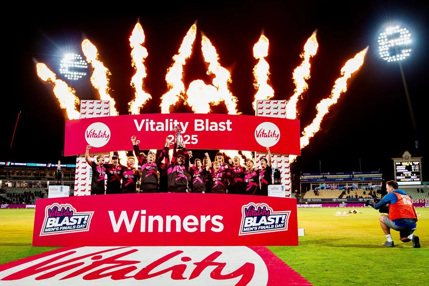 Somerset lift trophy after winning the Vitality Blast Men&rsquo;s Final between Somerset and Hampshire at Edgbaston on September 13, 2025 in Birmingham, England.