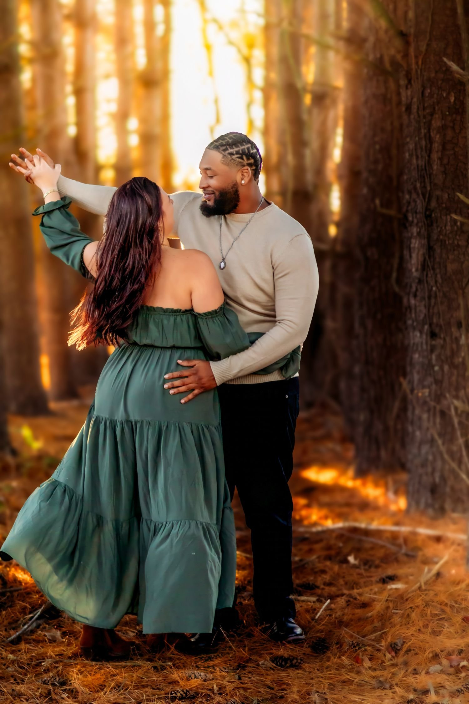 South Jersey lifestyle/family photography photo. Couple dancing in the woods with whimsical dreamy lighting.