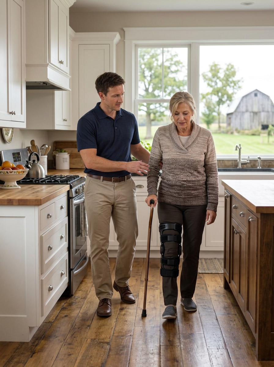 Physical therapist walking beside a woman using a cane in her farmhouse kitchen after knee surgery