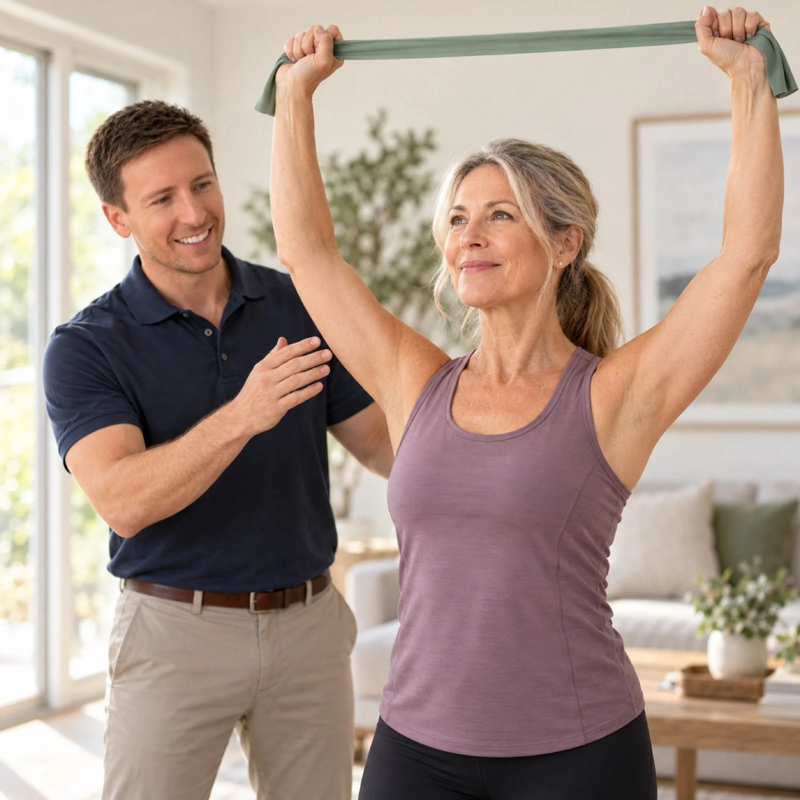 Adult patient performing a shoulder mobility exercise while a physical therapist coaches from the side in a bright home
