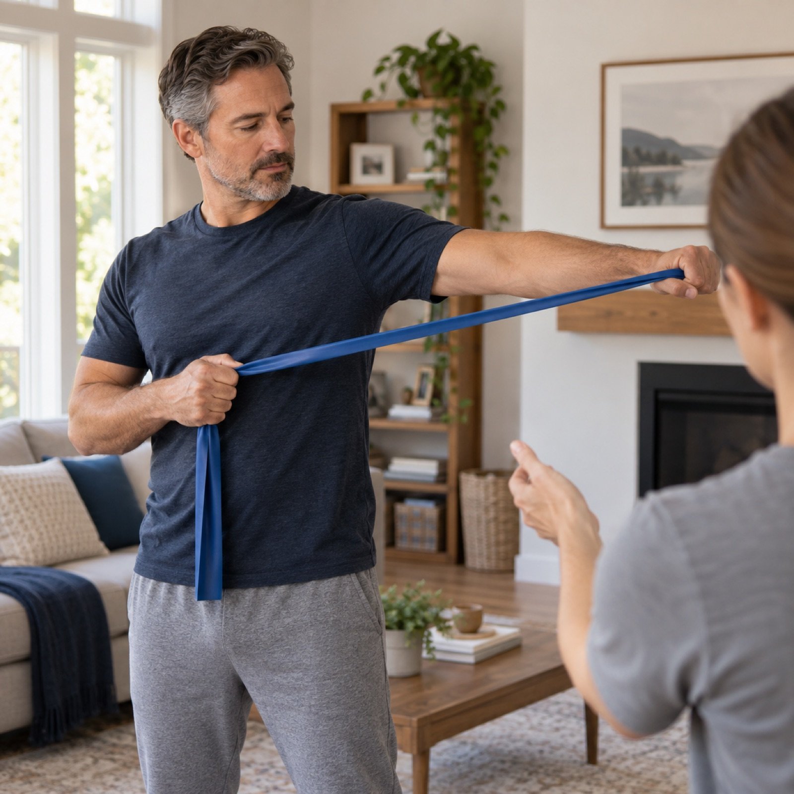 Adult patient practicing shoulder mobility with guidance from a physical therapist at home