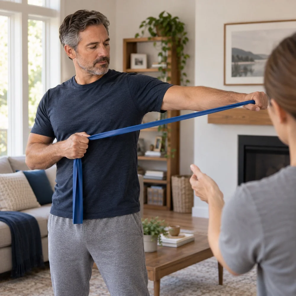 Adult patient practicing shoulder mobility with guidance from a physical therapist at home
