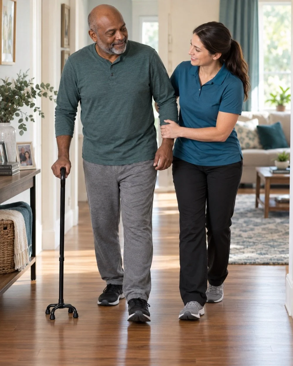 Physical therapist supporting an adult patient during in-home walking practice.