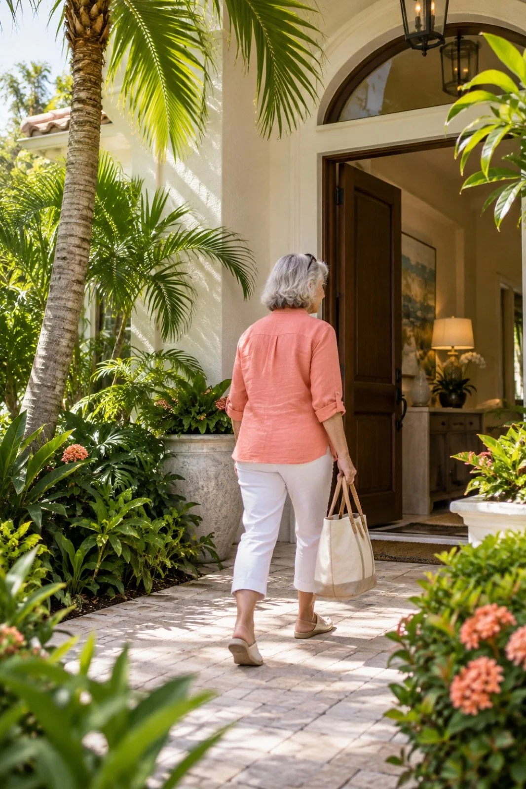 Active adult entering a bright Southwest Florida home surrounded by tropical landscaping