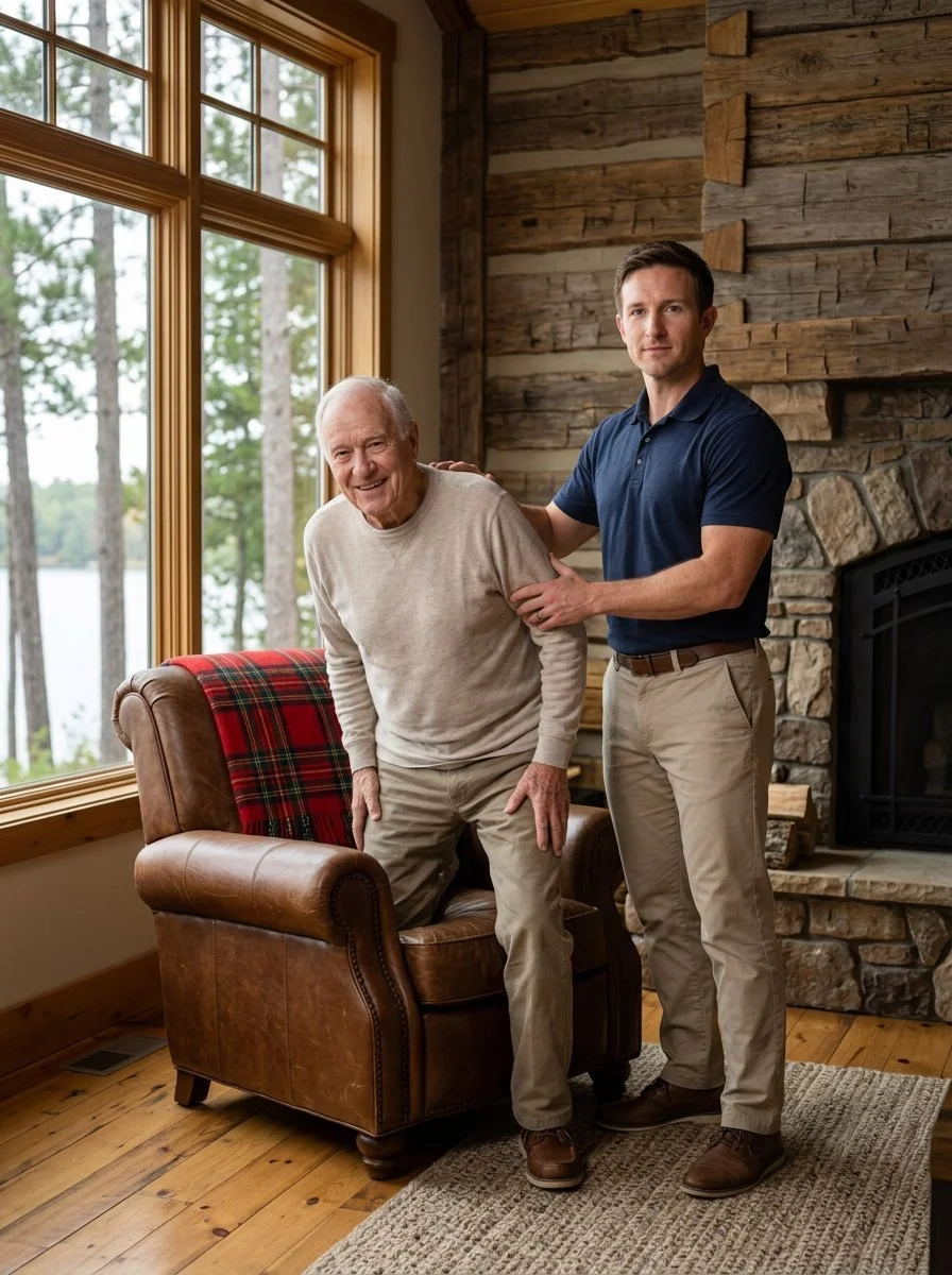 Physical therapist guiding an older man as he stands up from his armchair at home