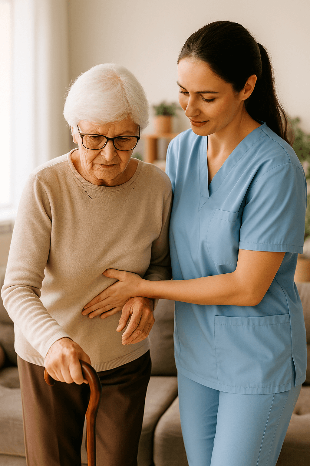 Concierge physical therapist guiding a senior client through balance and fall-prevention exercises in their home in Naples, Florida.