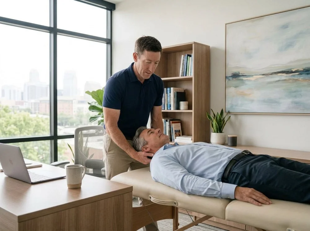 Physical therapist supporting a man’s head and neck on a treatment table set up in a private office