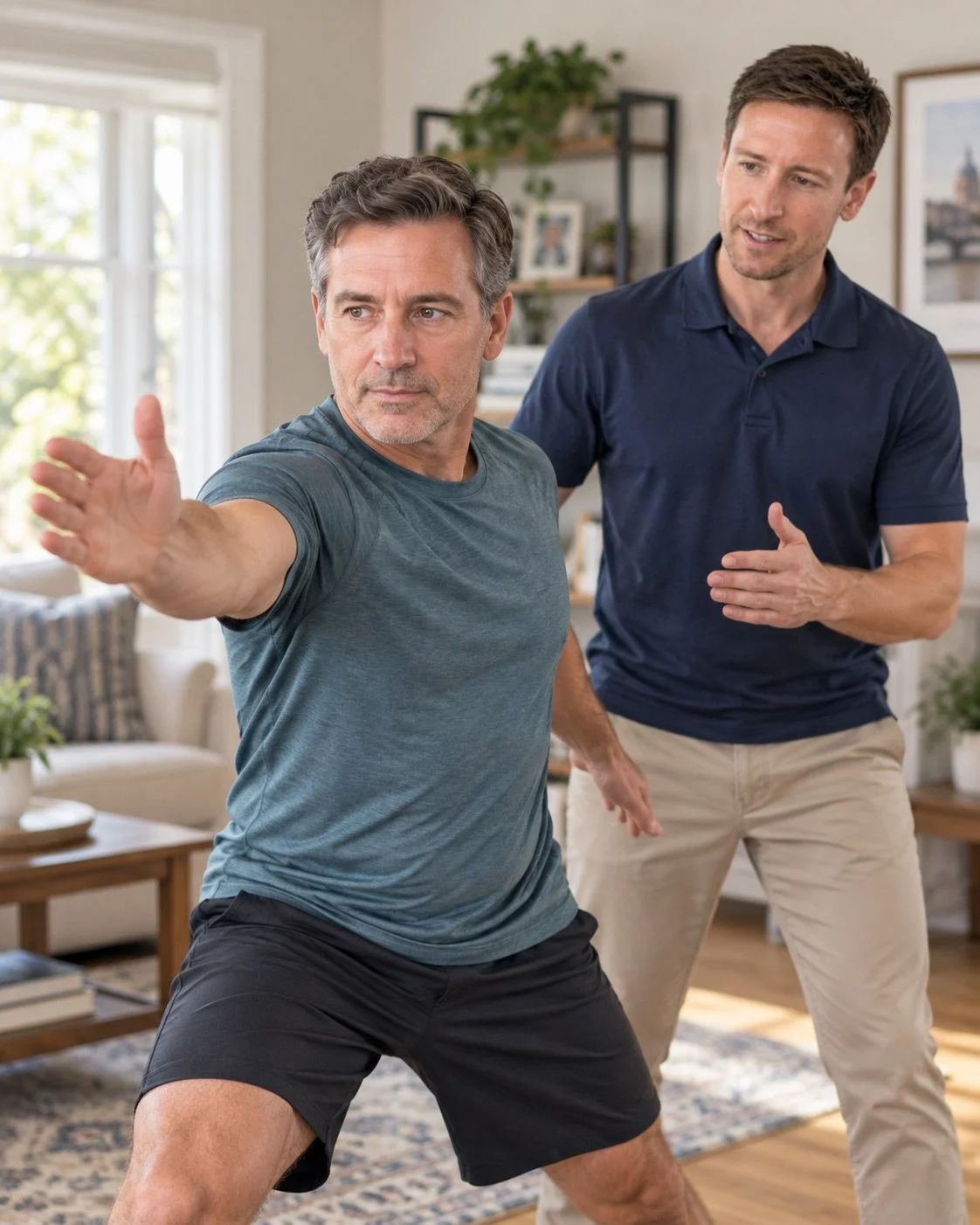Man practicing a functional movement exercise at home with a physical therapist