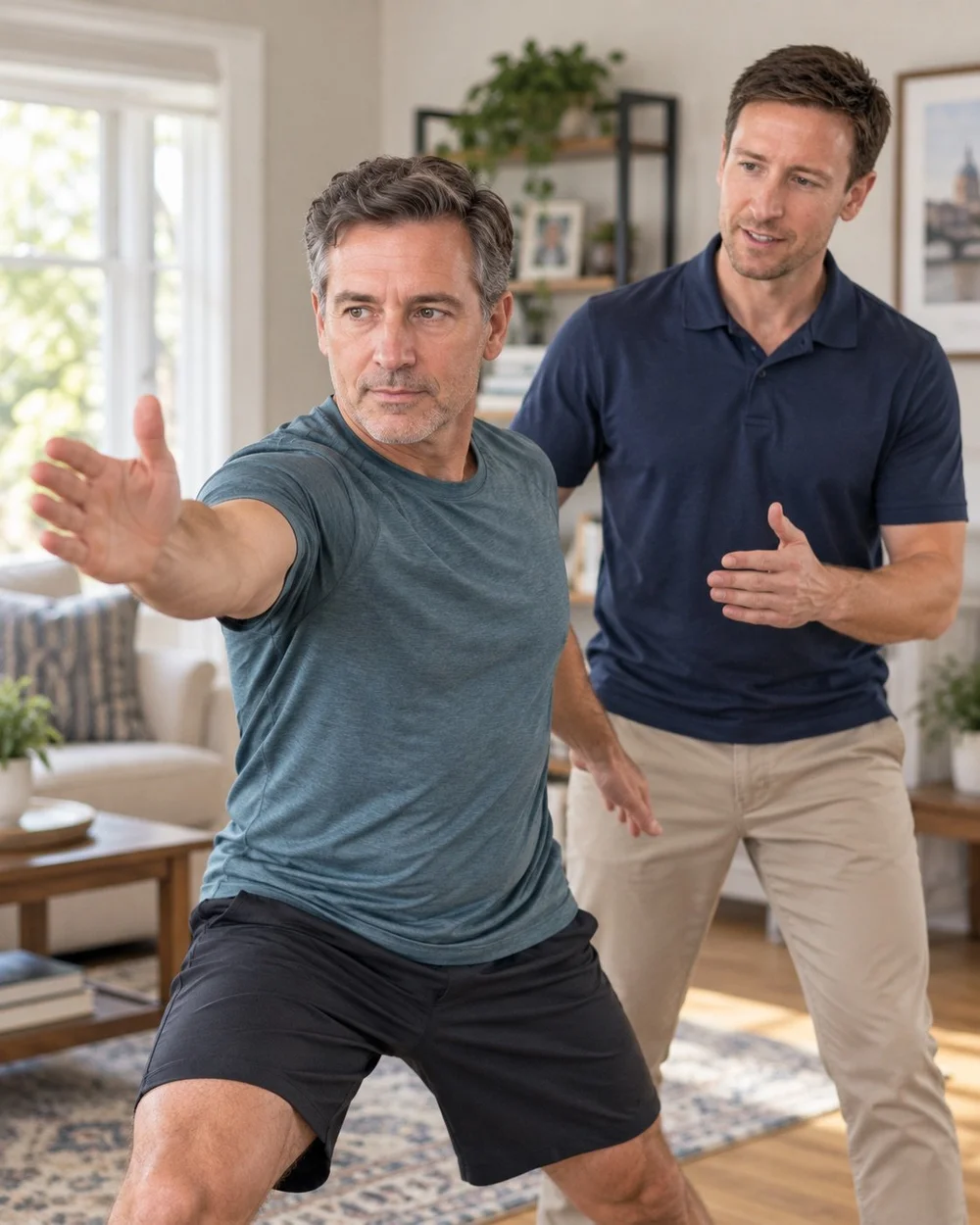 Physical therapist coaching a man through a standing trunk-rotation exercise at home