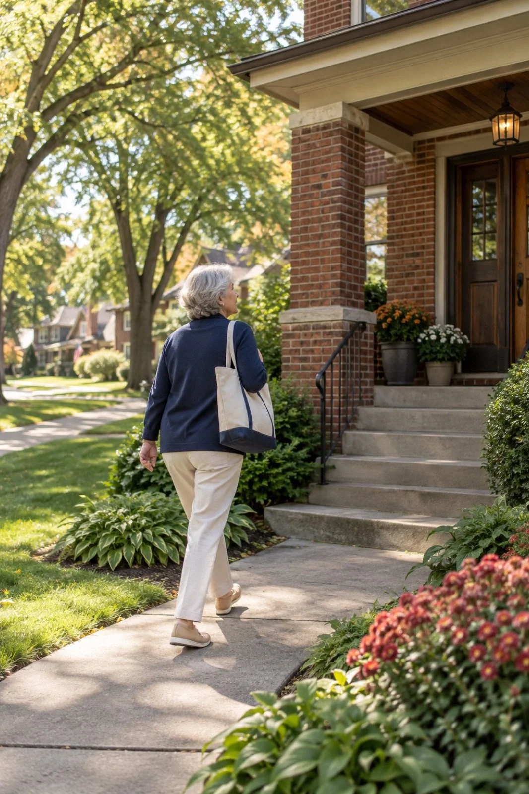 Active older adult arriving at a welcoming Midwestern home in a tree-lined neighborhood