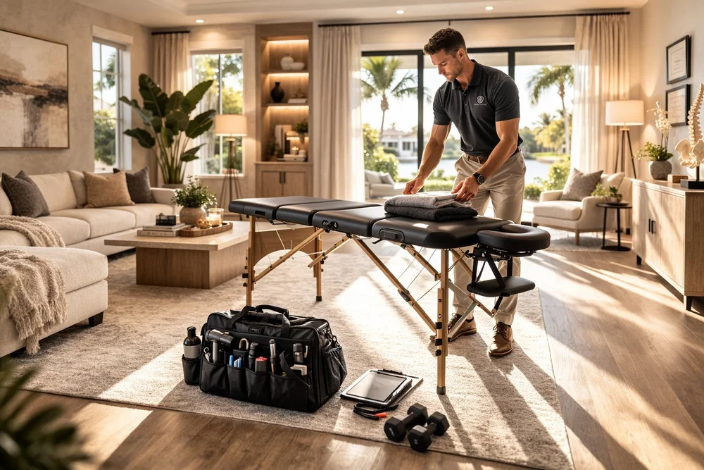 Physical therapist setting up a portable treatment table in a living room before an in-home physical therapy visit